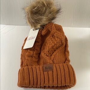 Chic Soul Women’s Orange Brown Cable Knit Hat with Faux Fur Pom-Pom NWT